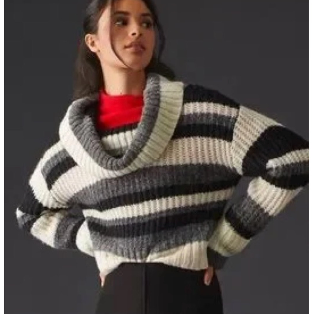 ANTHROPOLOGIE BLACK STRIPED COWL NECK TURTLENECK PULLOVER SWEATER SZ M